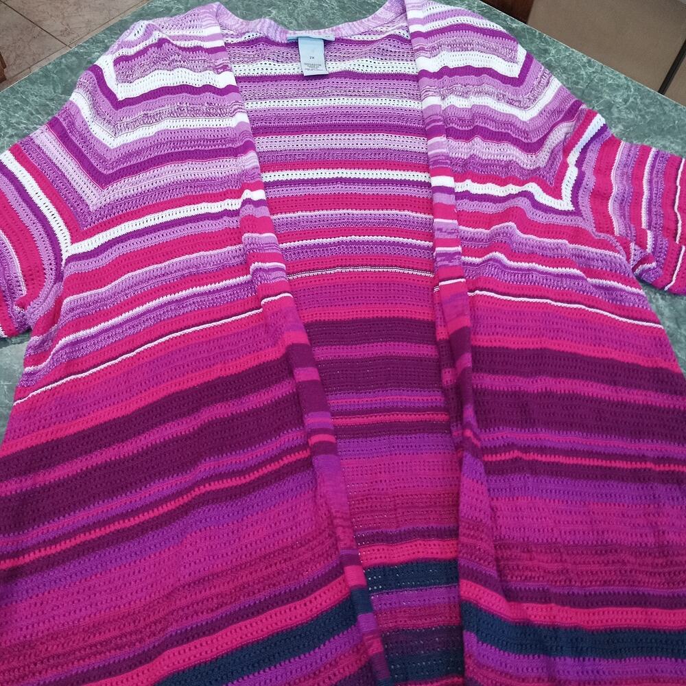 Catherines Open Knit Long Sweater Cardigan Plus Size 2X Pink Purple Ombré Stripe - Picture 2 of 11